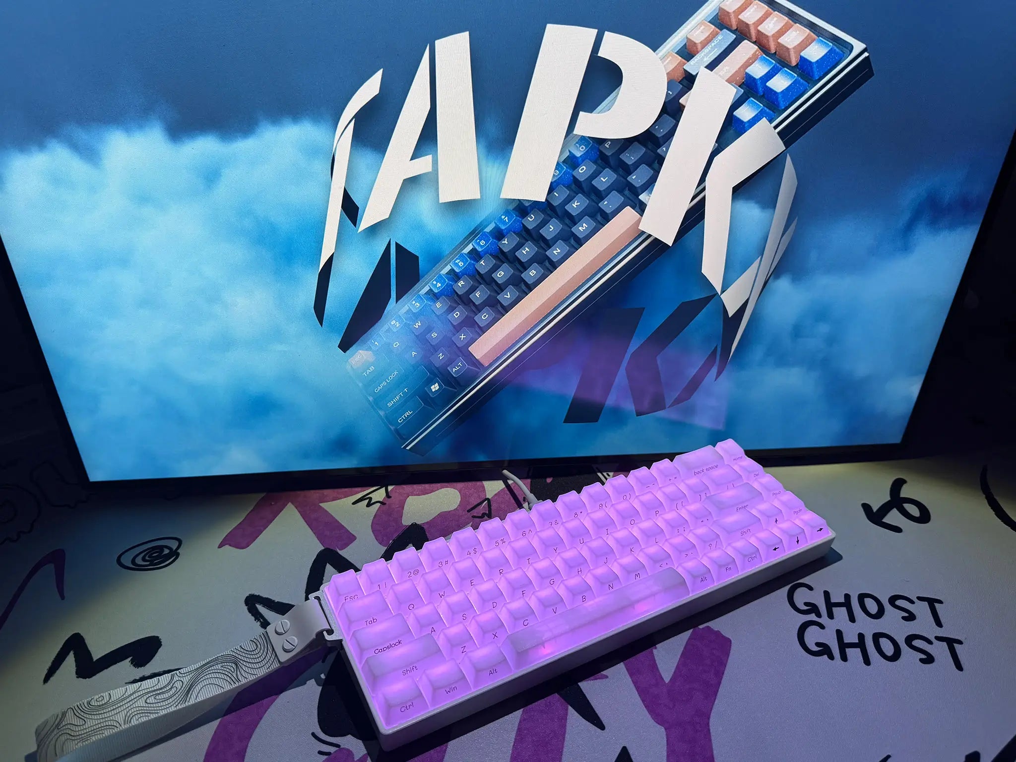 Tapkx White Ice Cube KX68 mechanical keyboard in a frosty minimal workspace