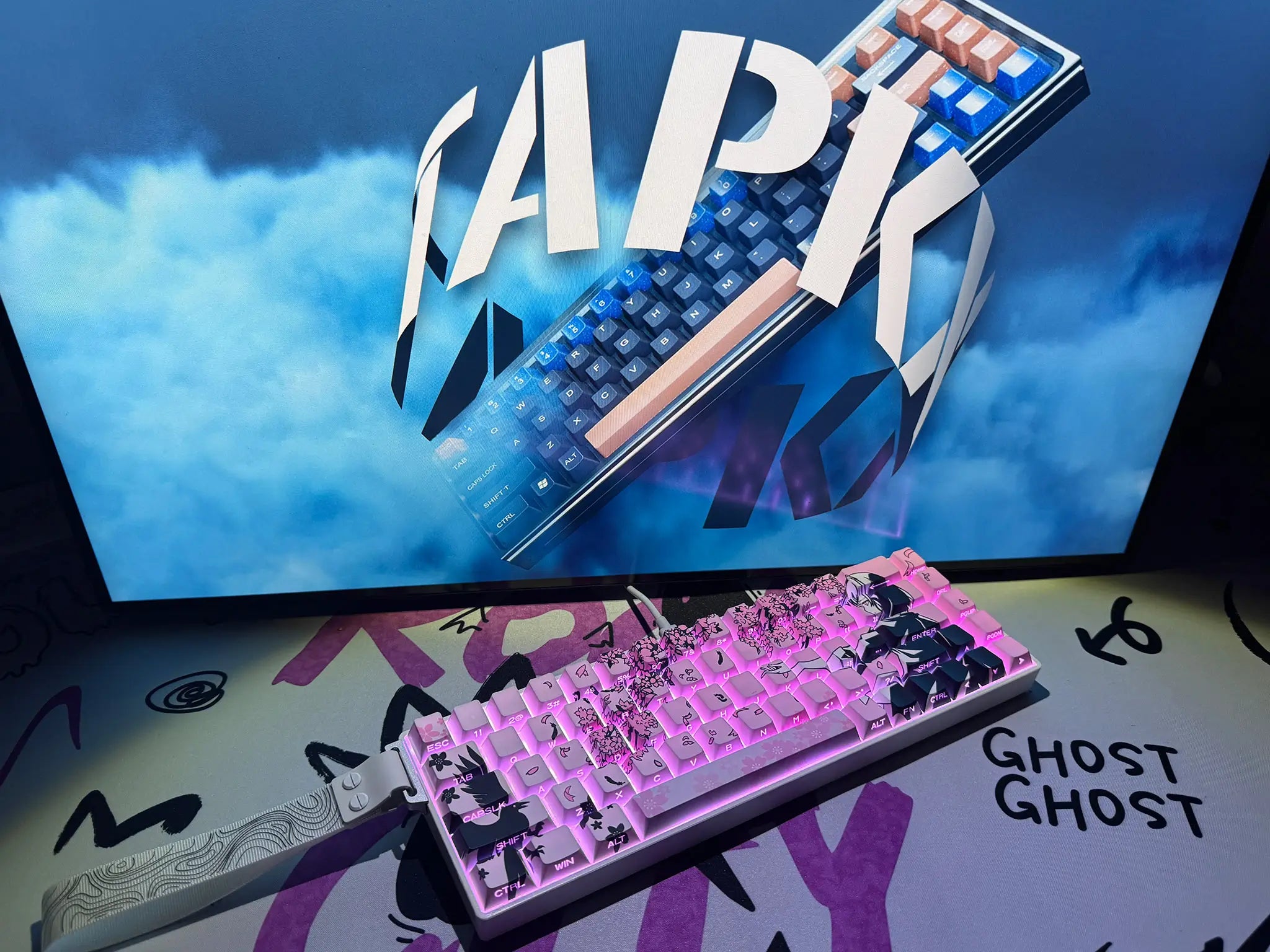 Tapkx Pink Duelist KX68 mechanical keyboard in a bright gaming setup with pink accents