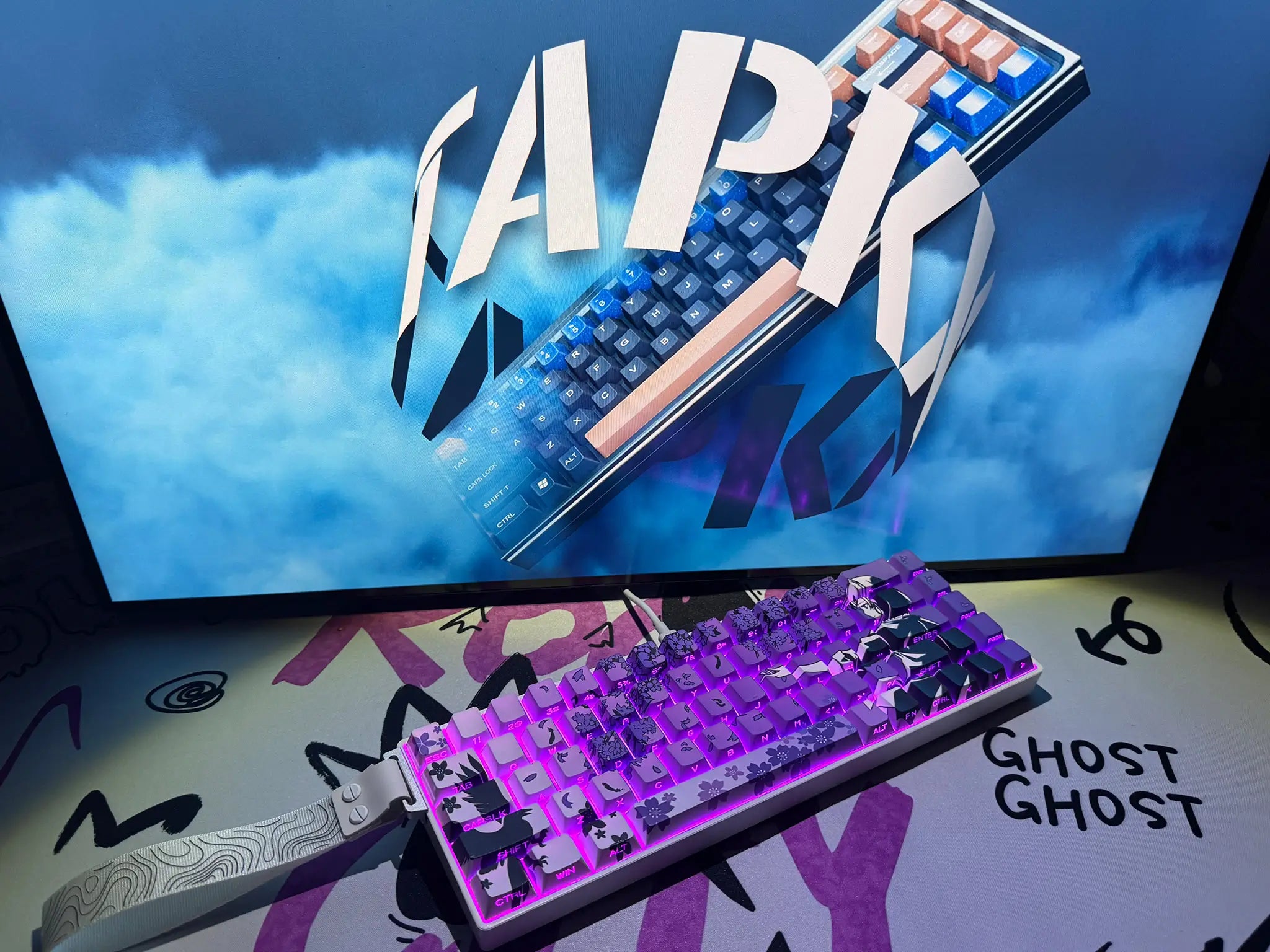 Tapkx Purple Duelist KX68 mechanical keyboard in a cozy, neon-lit gaming corner