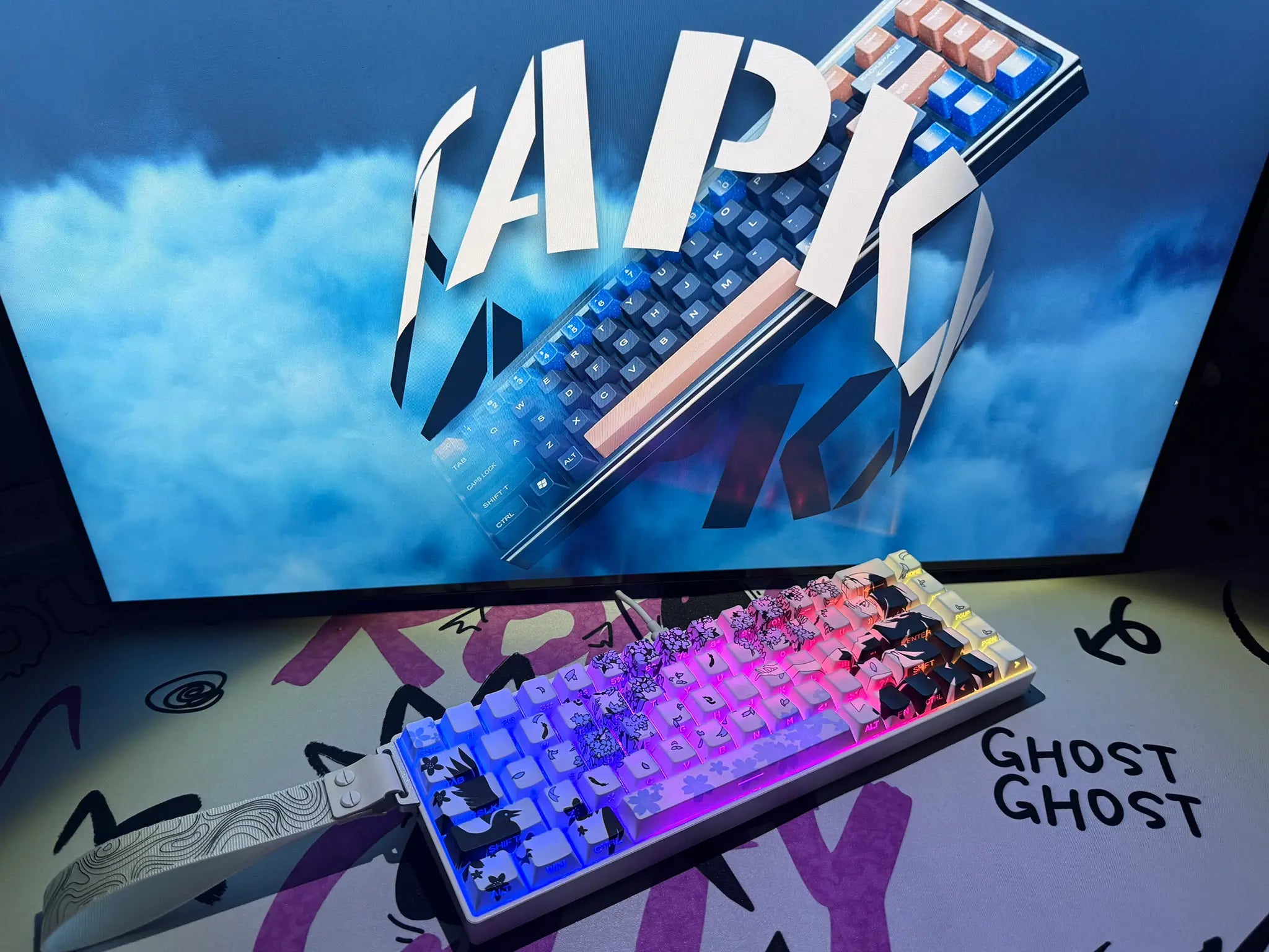 Tapkx Blue Duelist KX68 mechanical keyboard on a colorful gaming desk