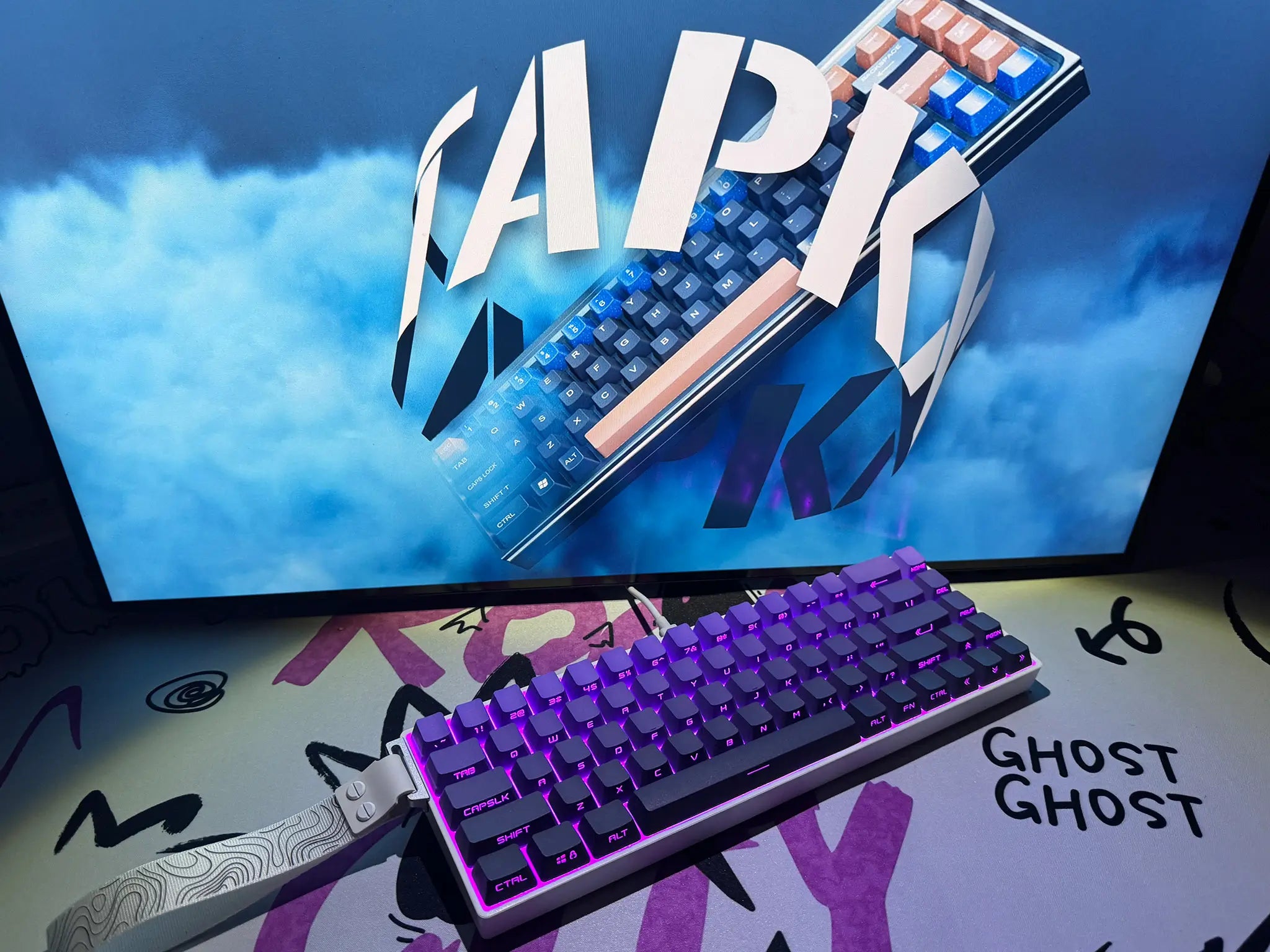 Tapkx Foggy Violet KX68 mechanical keyboard showcased in a cozy study room