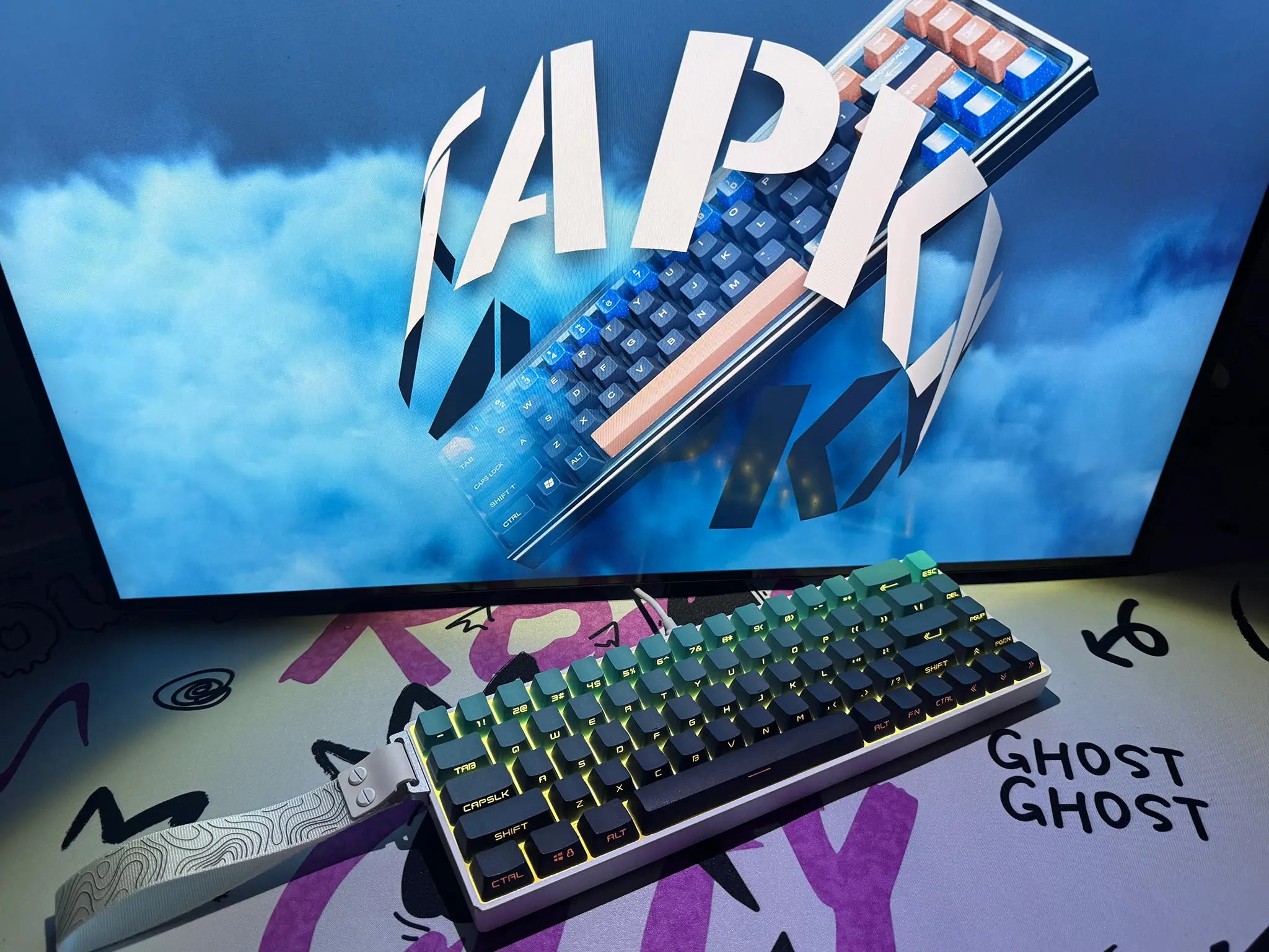 Tapkx Foggy Cyan KX68 mechanical keyboard in a fresh, minimalist desktop scene