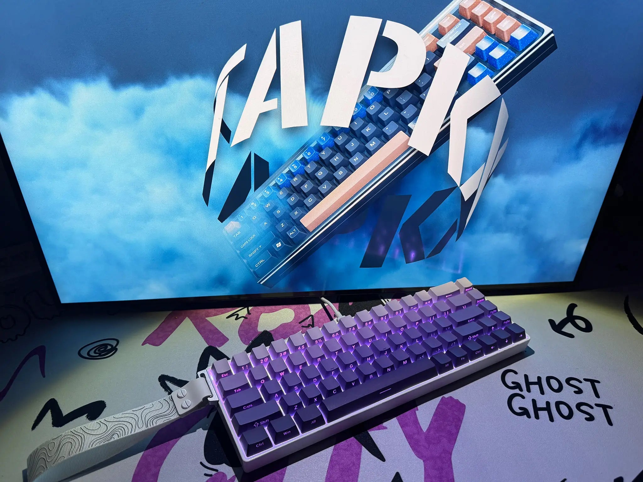 Tapkx Foggy Purple KX68 mechanical keyboard on a stylish modern desk