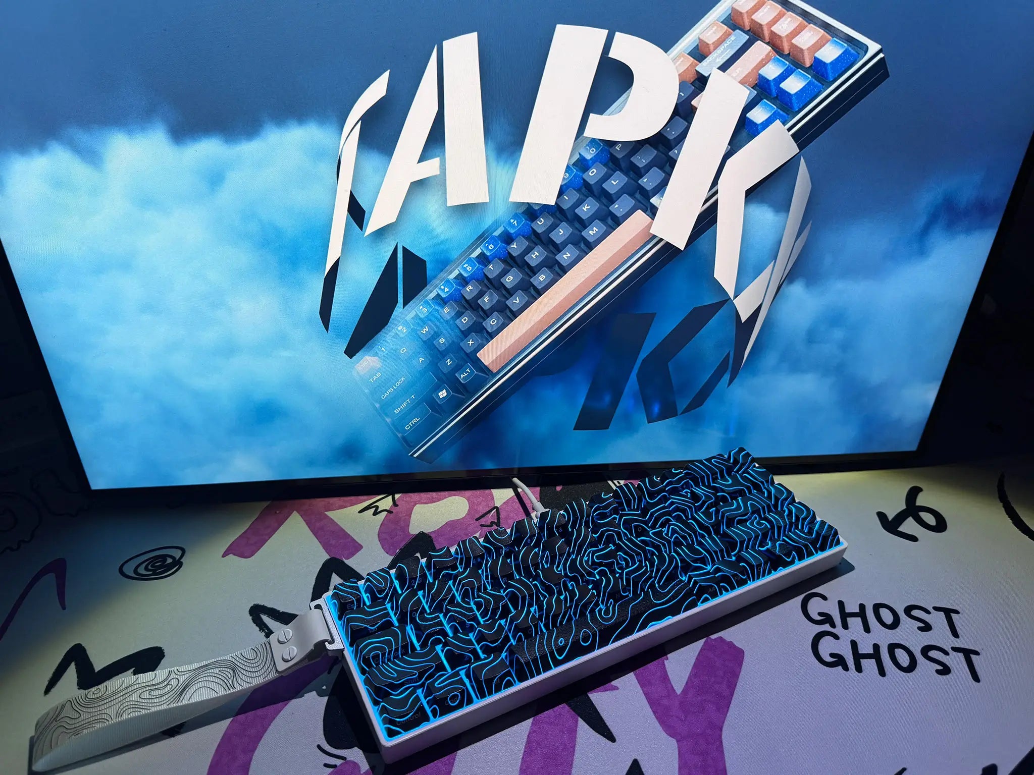 Tapkx Irregular Line KX68 mechanical keyboard in a unique art-inspired workspace