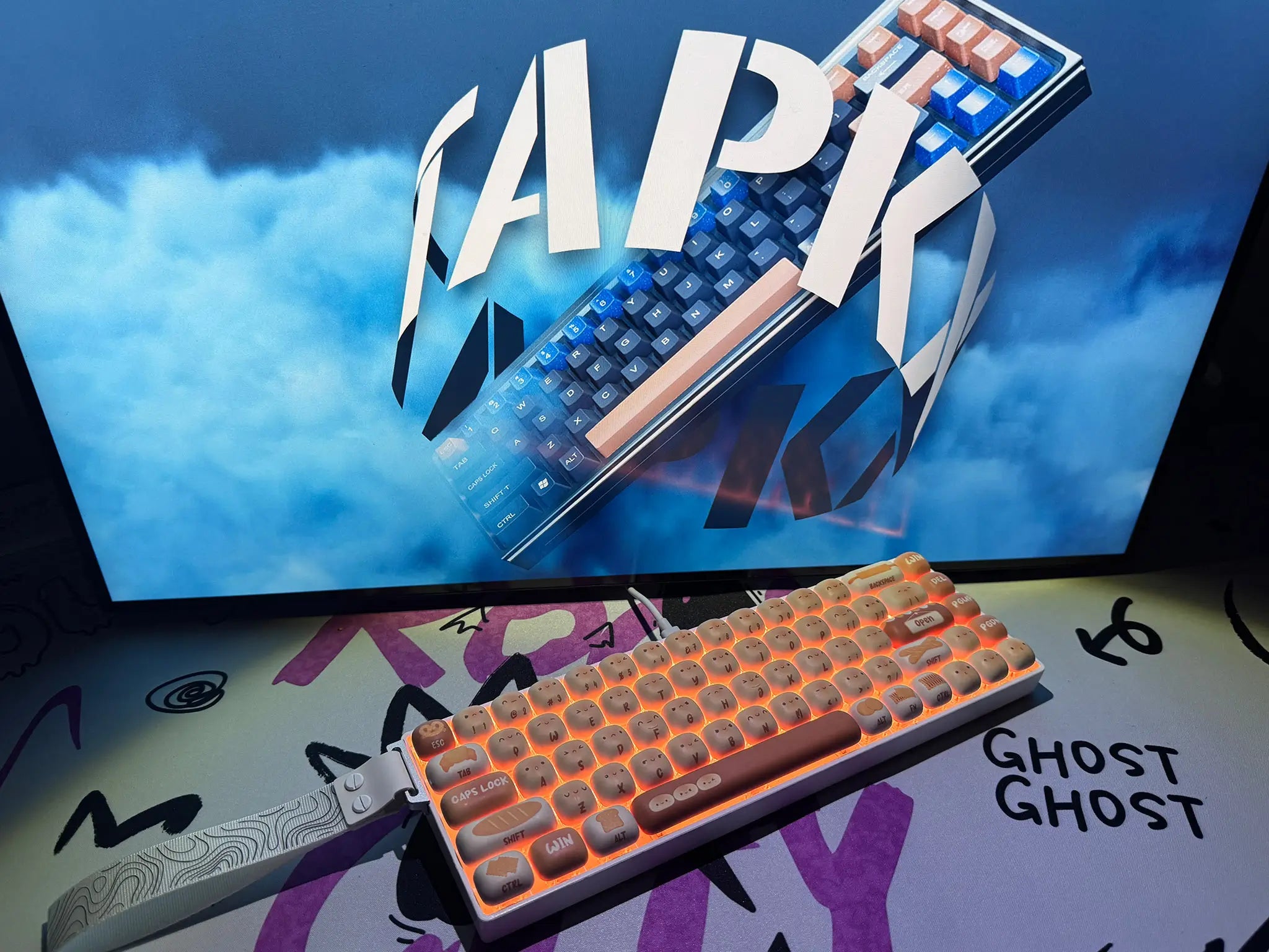 Tapkx Buns KX68 mechanical keyboard in a cozy home workspace