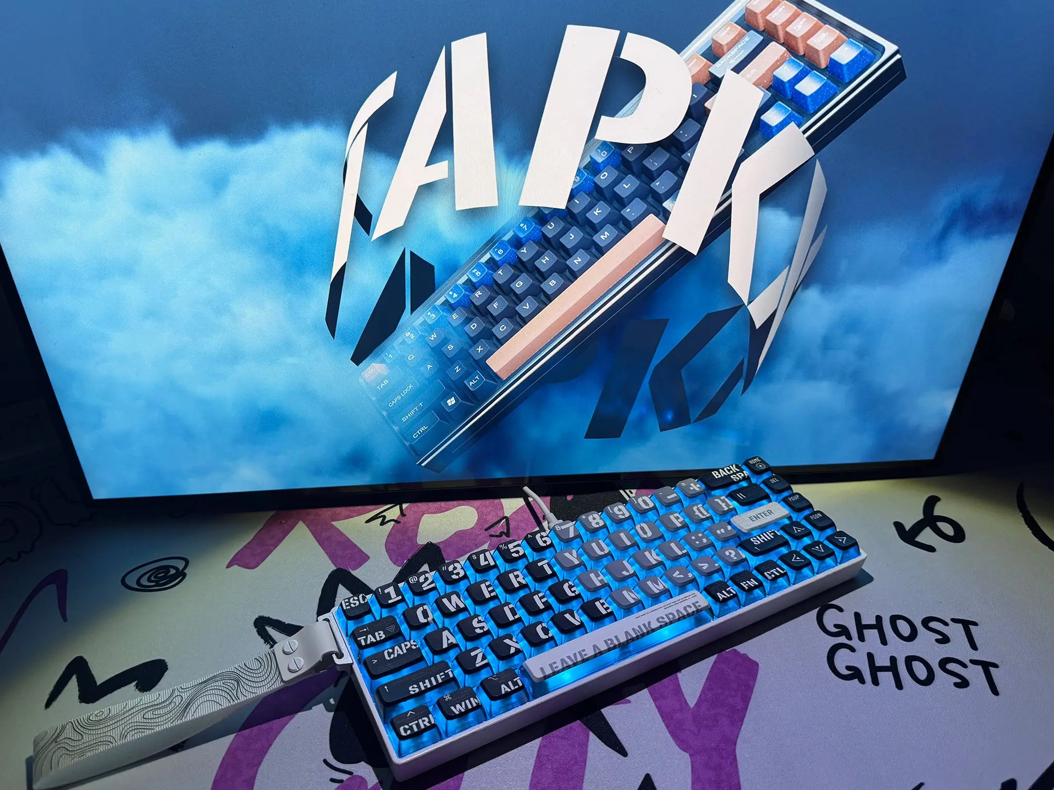 Tapkx Lightning KX68 mechanical keyboard in a dynamic, RGB-lit gaming station