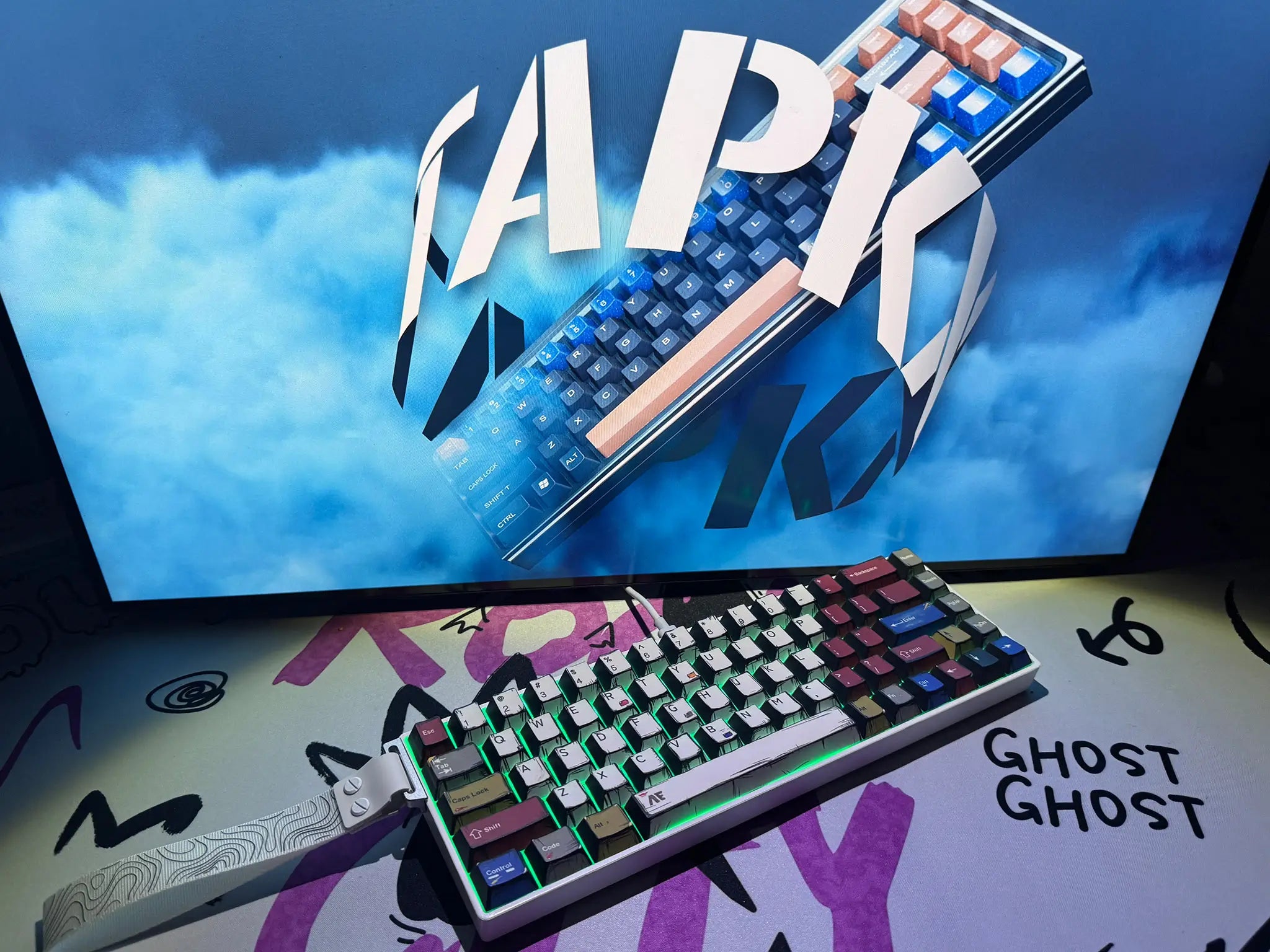 Tapkx Comics KX68 mechanical keyboard in a fun comic-themed gaming setup